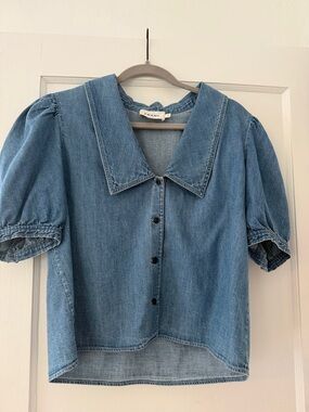 Frame Blue Denim Puff Sleeve Button-Up Top